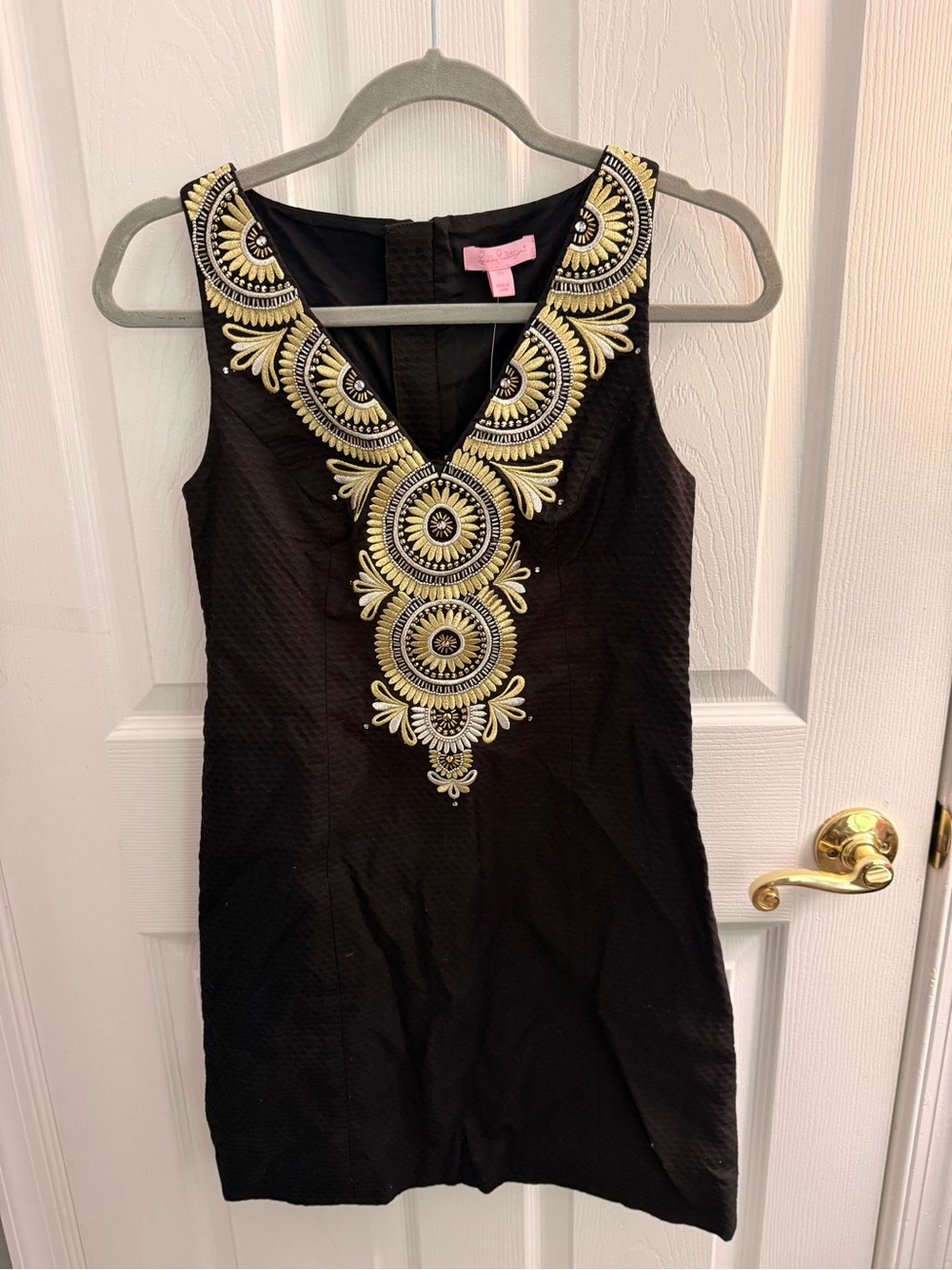 Lilly Pulitzer Black Mini Dress with Gold Embellished V-Neck